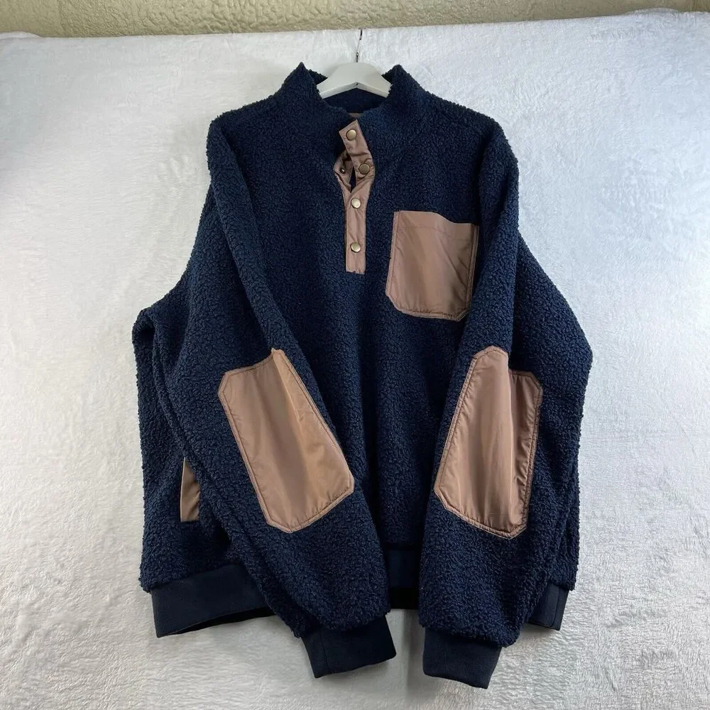 Lands' End Men's Size XL Boucle Sherpa Fleece Pullover Dark‎ Blue Navy 1/4 Snap